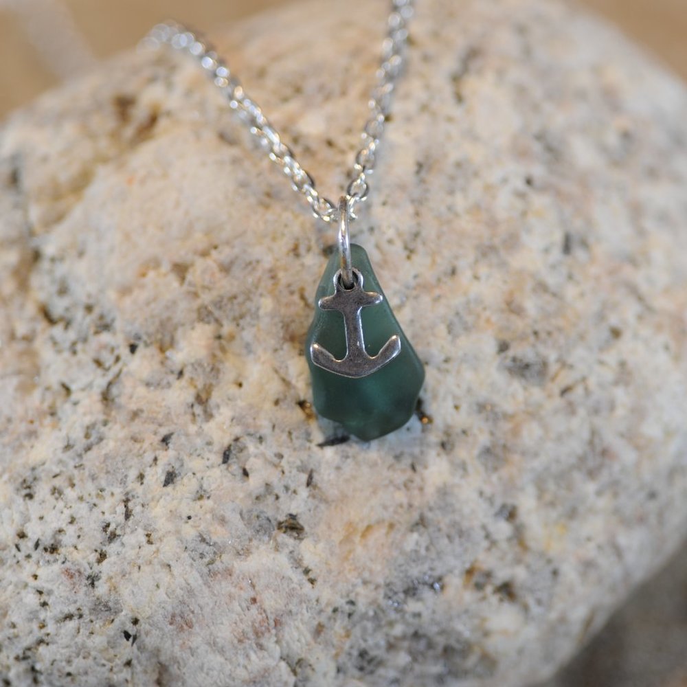 Teal Anchor Sea Glass Pendant Necklace